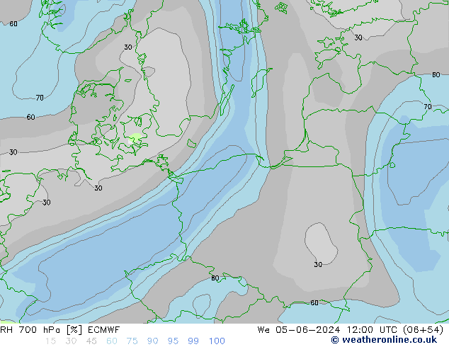 RH 700 hPa ECMWF śro. 05.06.2024 12 UTC