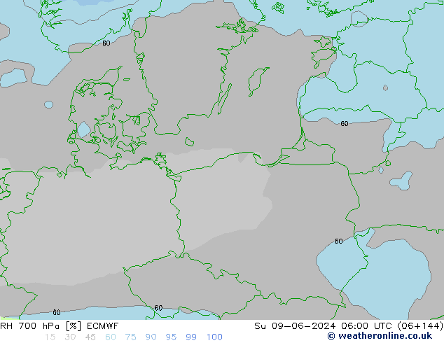 RH 700 hPa ECMWF Ne 09.06.2024 06 UTC