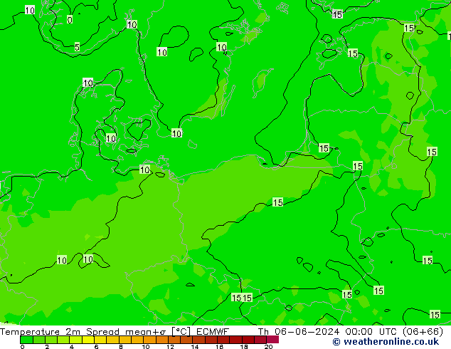 température 2m Spread ECMWF jeu 06.06.2024 00 UTC
