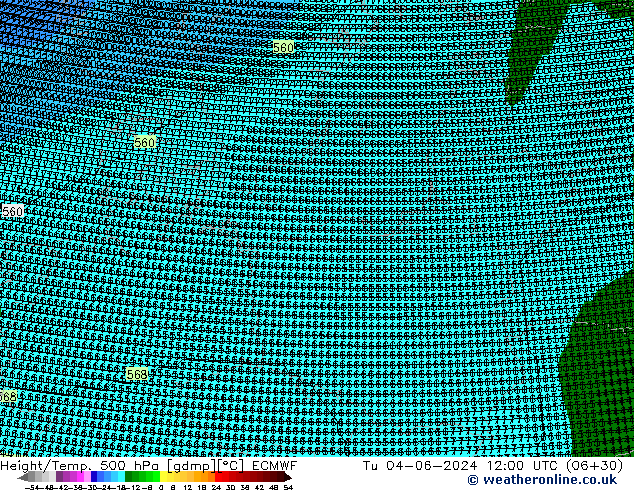 Height/Temp. 500 hPa ECMWF Tu 04.06.2024 12 UTC