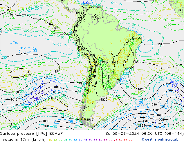 Isotachs (kph) ECMWF Вс 09.06.2024 06 UTC