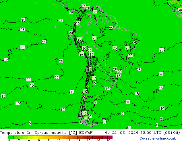 Temperature 2m Spread ECMWF Mo 03.06.2024 12 UTC