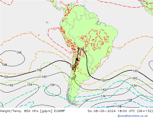 Height/Temp. 850 hPa ECMWF So 08.06.2024 18 UTC