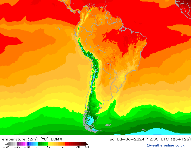 Temperatura (2m) ECMWF sab 08.06.2024 12 UTC