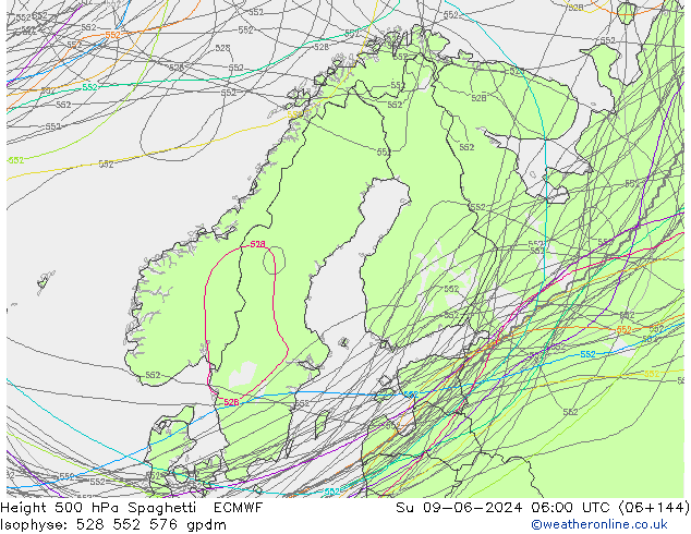 Height 500 hPa Spaghetti ECMWF dom 09.06.2024 06 UTC