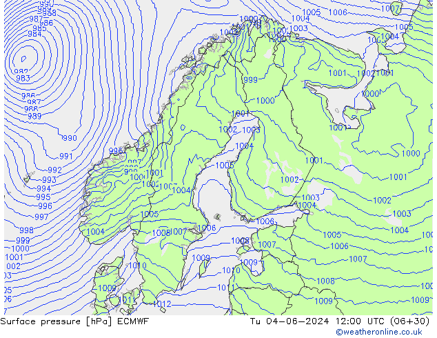 Surface pressure ECMWF Tu 04.06.2024 12 UTC