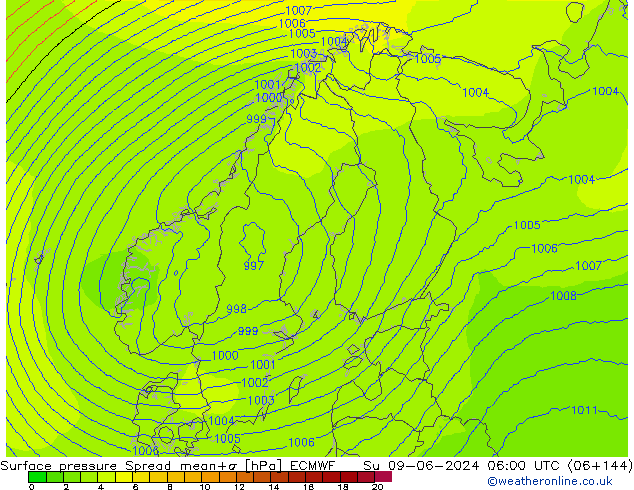 Surface pressure Spread ECMWF Su 09.06.2024 06 UTC