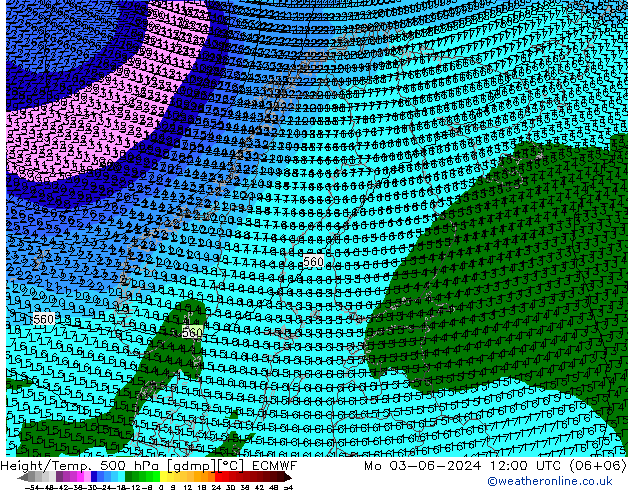 Height/Temp. 500 hPa ECMWF lun 03.06.2024 12 UTC