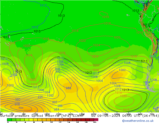 Surface pressure Spread ECMWF Su 09.06.2024 06 UTC