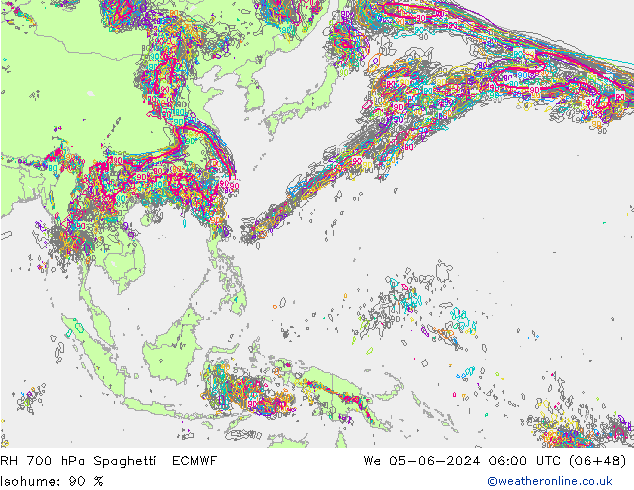 RH 700 hPa Spaghetti ECMWF We 05.06.2024 06 UTC