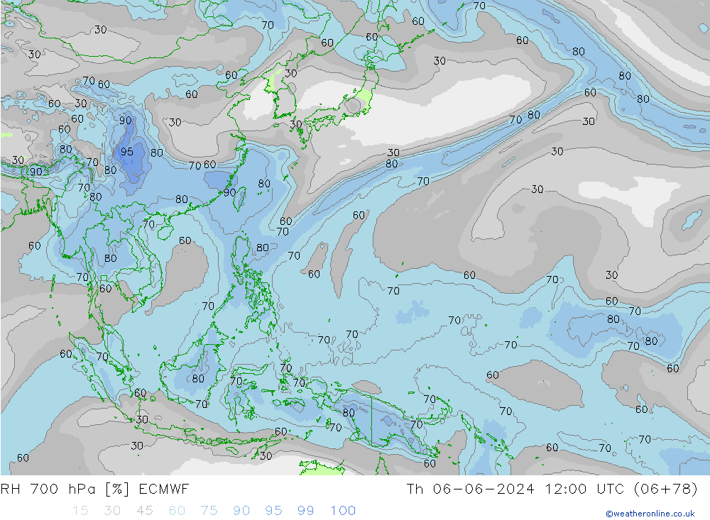 Humedad rel. 700hPa ECMWF jue 06.06.2024 12 UTC