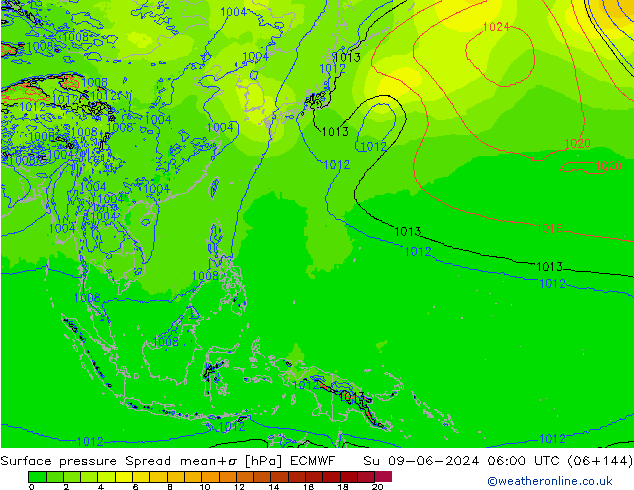 Atmosférický tlak Spread ECMWF Ne 09.06.2024 06 UTC