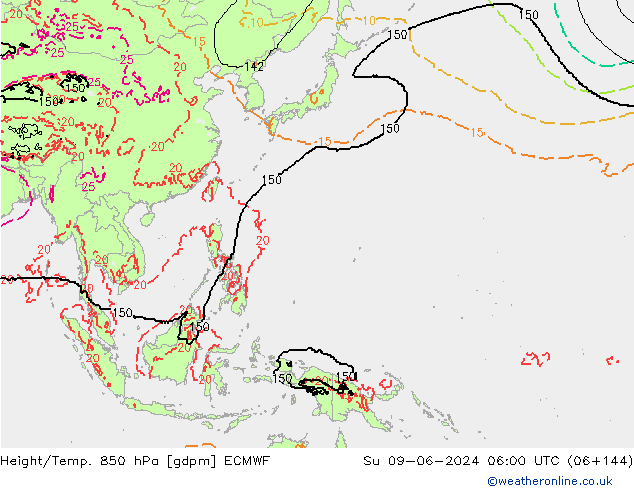 Height/Temp. 850 гПа ECMWF Вс 09.06.2024 06 UTC