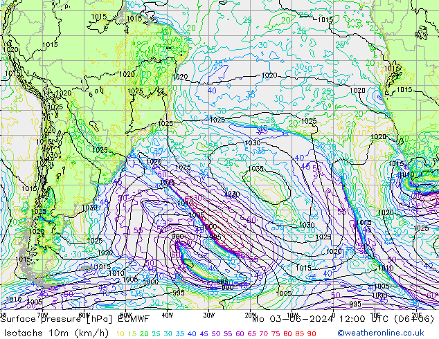 Eşrüzgar Hızları (km/sa) ECMWF Pzt 03.06.2024 12 UTC