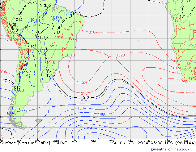 Atmosférický tlak ECMWF Ne 09.06.2024 06 UTC