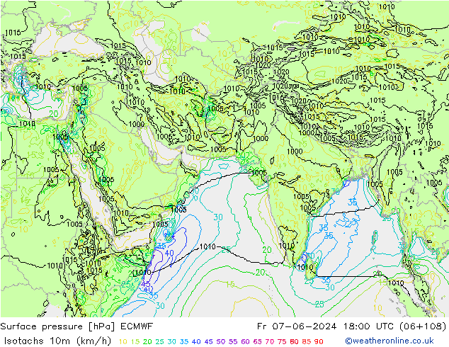 Izotacha (km/godz) ECMWF pt. 07.06.2024 18 UTC