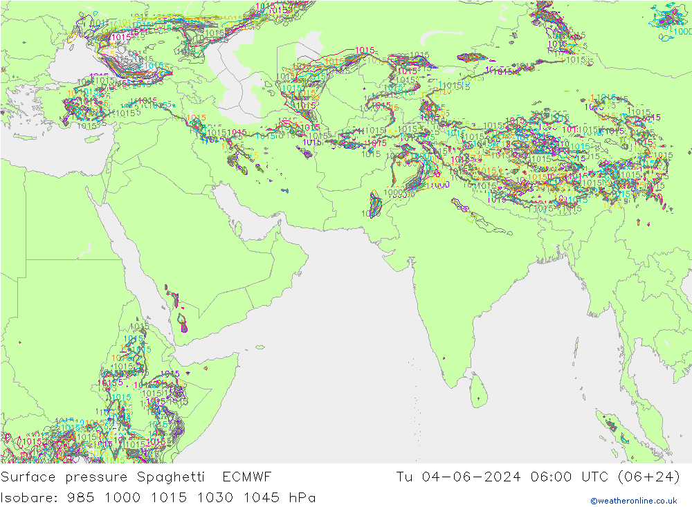 地面气压 Spaghetti ECMWF 星期二 04.06.2024 06 UTC