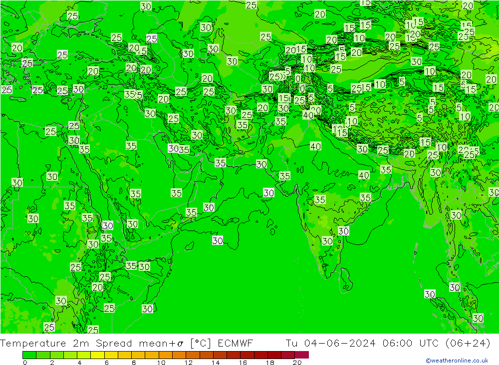 温度图 Spread ECMWF 星期二 04.06.2024 06 UTC