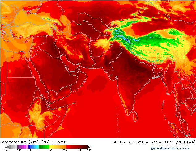 Temperatuurkaart (2m) ECMWF zo 09.06.2024 06 UTC