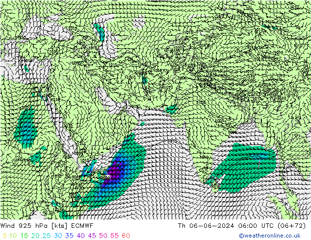 Vento 925 hPa ECMWF gio 06.06.2024 06 UTC