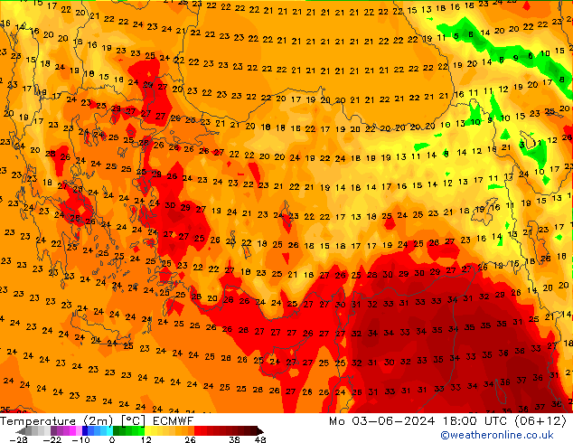 Temperatura (2m) ECMWF lun 03.06.2024 18 UTC