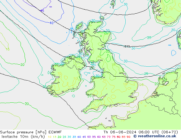 Isotachs (kph) ECMWF Th 06.06.2024 06 UTC