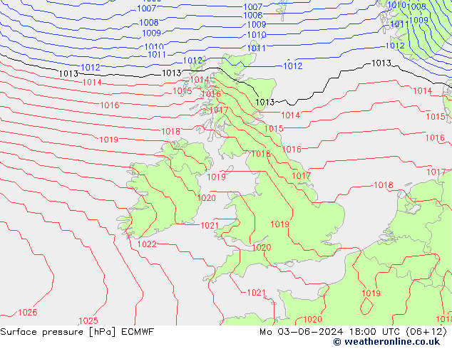 Presión superficial ECMWF lun 03.06.2024 18 UTC