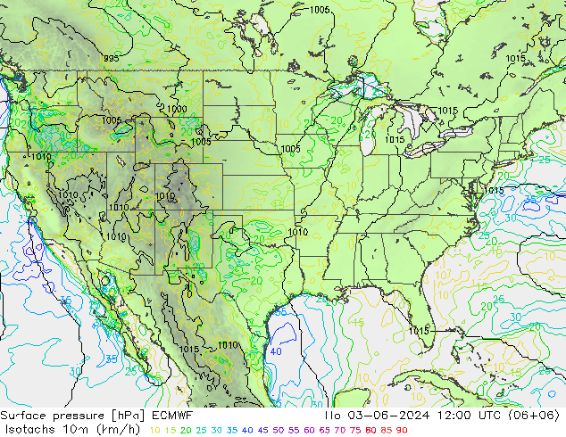 Izotacha (km/godz) ECMWF pon. 03.06.2024 12 UTC