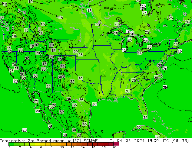 Temperature 2m Spread ECMWF Út 04.06.2024 18 UTC