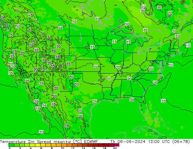 Temperatura 2m Spread ECMWF jue 06.06.2024 12 UTC