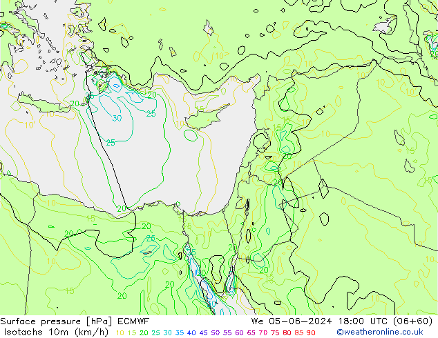 Isotachs (kph) ECMWF  05.06.2024 18 UTC