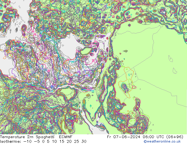 Temperature 2m Spaghetti ECMWF Fr 07.06.2024 06 UTC