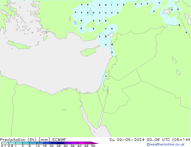 Precipitation (6h) ECMWF Su 09.06.2024 06 UTC