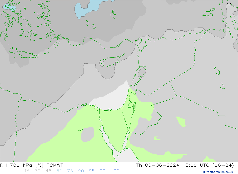 Humedad rel. 700hPa ECMWF jue 06.06.2024 18 UTC