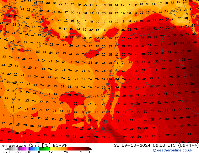 Temperature (2m) ECMWF Su 09.06.2024 06 UTC