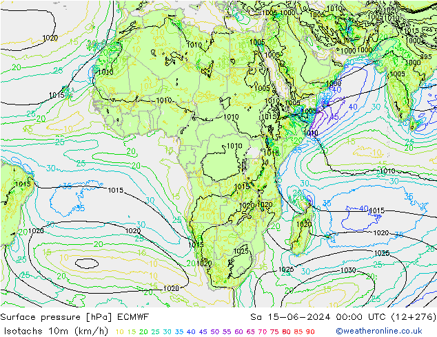 Isotachen (km/h) ECMWF Sa 15.06.2024 00 UTC