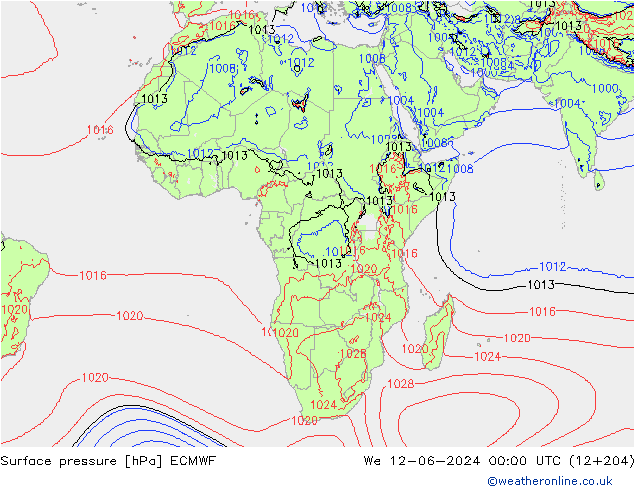 Presión superficial ECMWF mié 12.06.2024 00 UTC