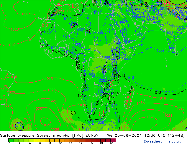 Surface pressure Spread ECMWF We 05.06.2024 12 UTC