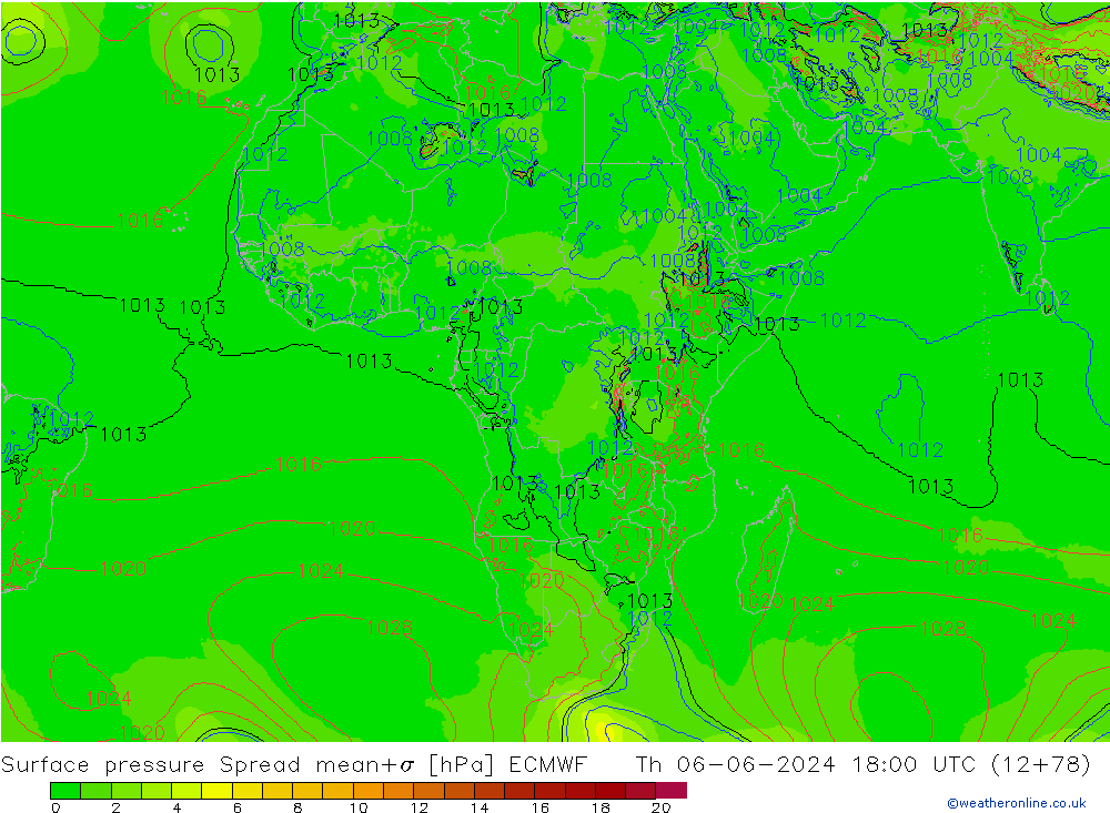 Presión superficial Spread ECMWF jue 06.06.2024 18 UTC