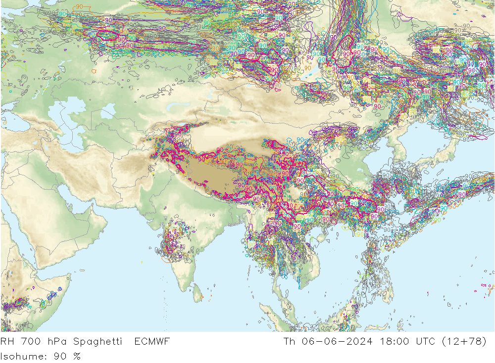 RH 700 hPa Spaghetti ECMWF Th 06.06.2024 18 UTC