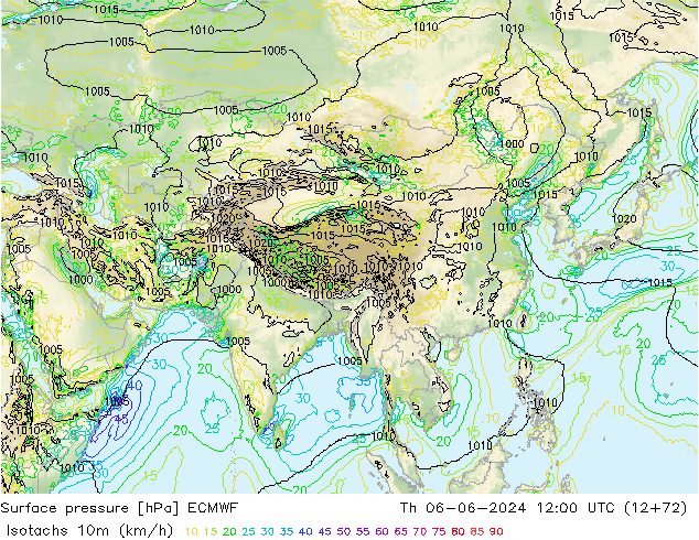 Isotachs (kph) ECMWF Čt 06.06.2024 12 UTC