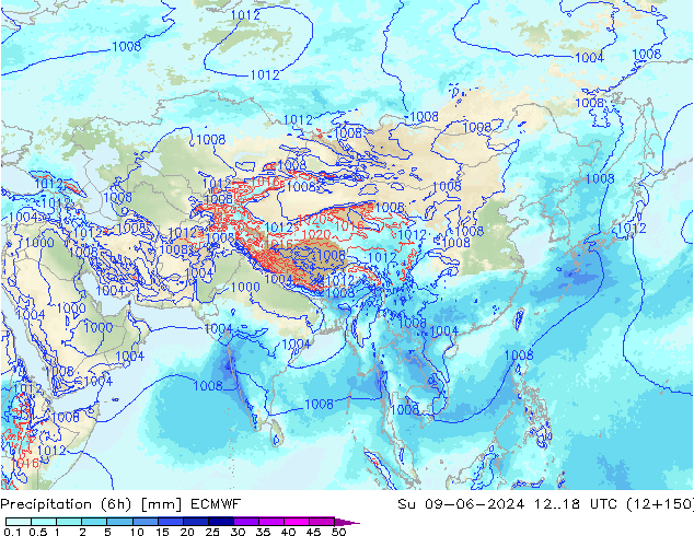 Precipitation (6h) ECMWF Su 09.06.2024 18 UTC