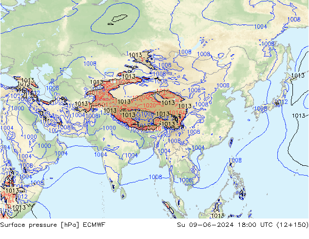 Atmosférický tlak ECMWF Ne 09.06.2024 18 UTC