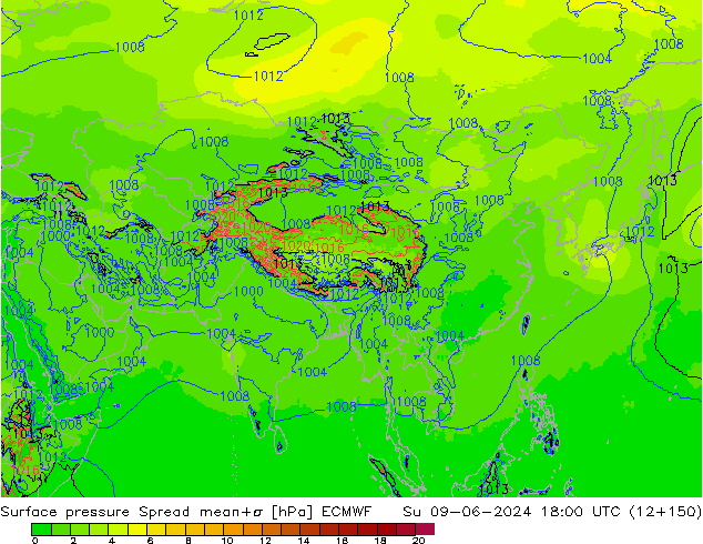 Surface pressure Spread ECMWF Su 09.06.2024 18 UTC