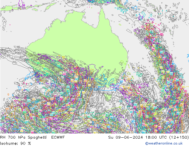 RH 700 hPa Spaghetti ECMWF Su 09.06.2024 18 UTC