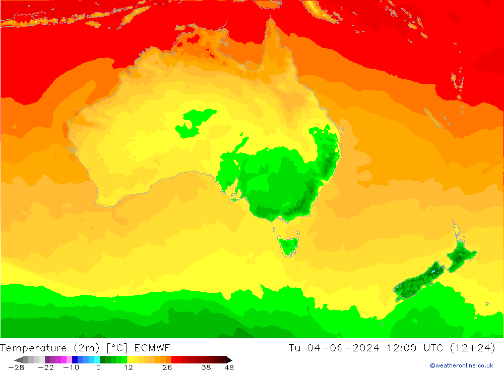 Temperature (2m) ECMWF Tu 04.06.2024 12 UTC