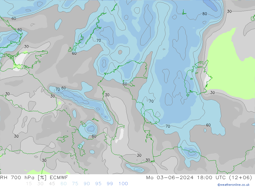 Humidité rel. 700 hPa ECMWF lun 03.06.2024 18 UTC