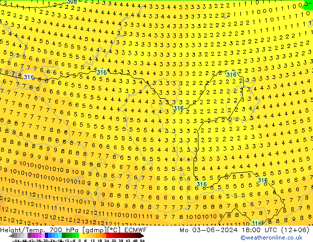 Height/Temp. 700 гПа ECMWF пн 03.06.2024 18 UTC