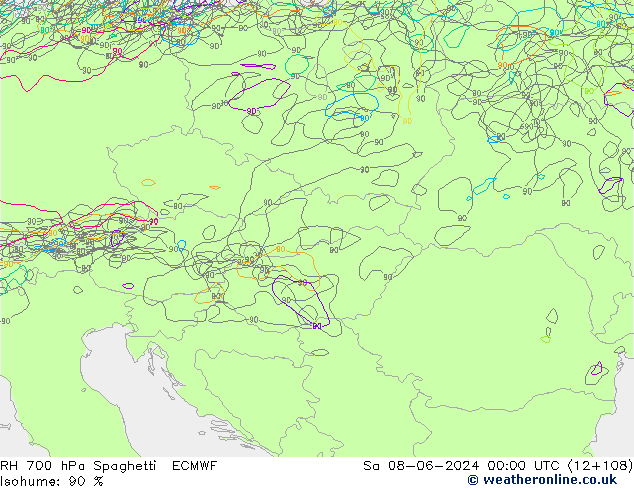 RH 700 hPa Spaghetti ECMWF sab 08.06.2024 00 UTC