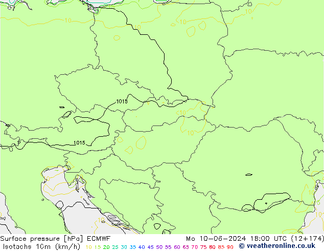 Isotachs (kph) ECMWF Mo 10.06.2024 18 UTC